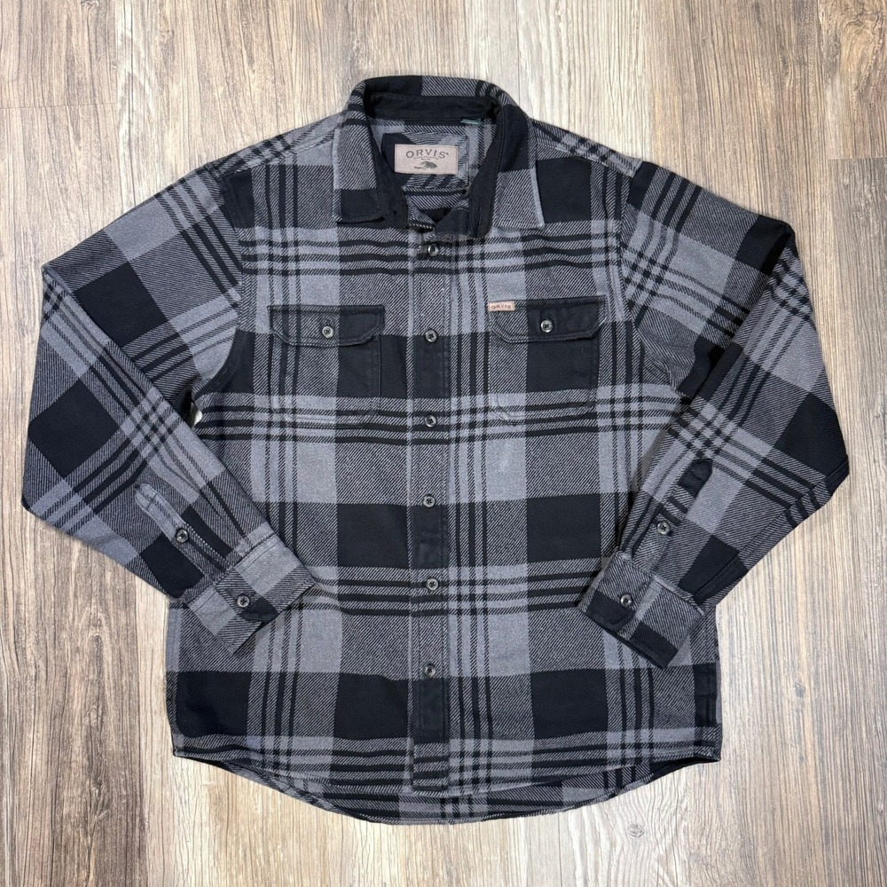 Orvis Grey Black Plaid Lumberjack Flannel Button Down Shirt Long Sleeve Mens L